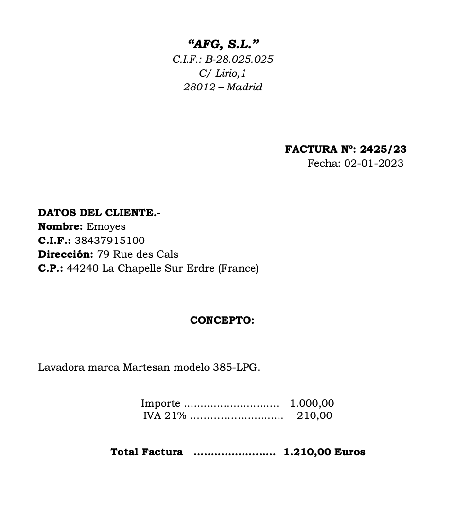 Ejemplo de una factura intracomunitaria con IVA