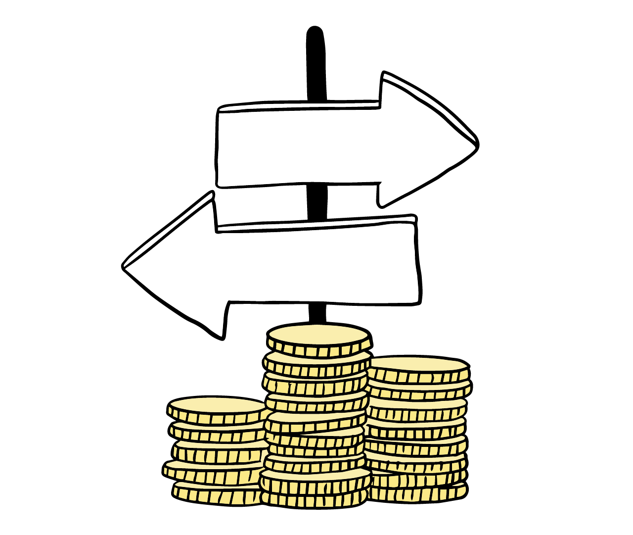 An illustration showing a pile of coins and two arrows pointing in opposite directions above it to signify cashback