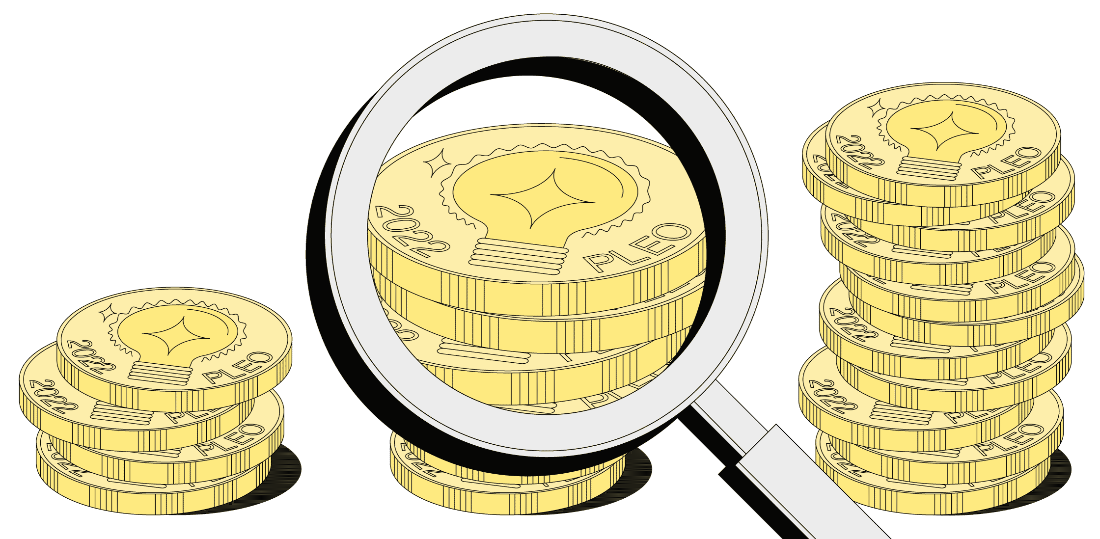 Magnifying glass over stacks of coins