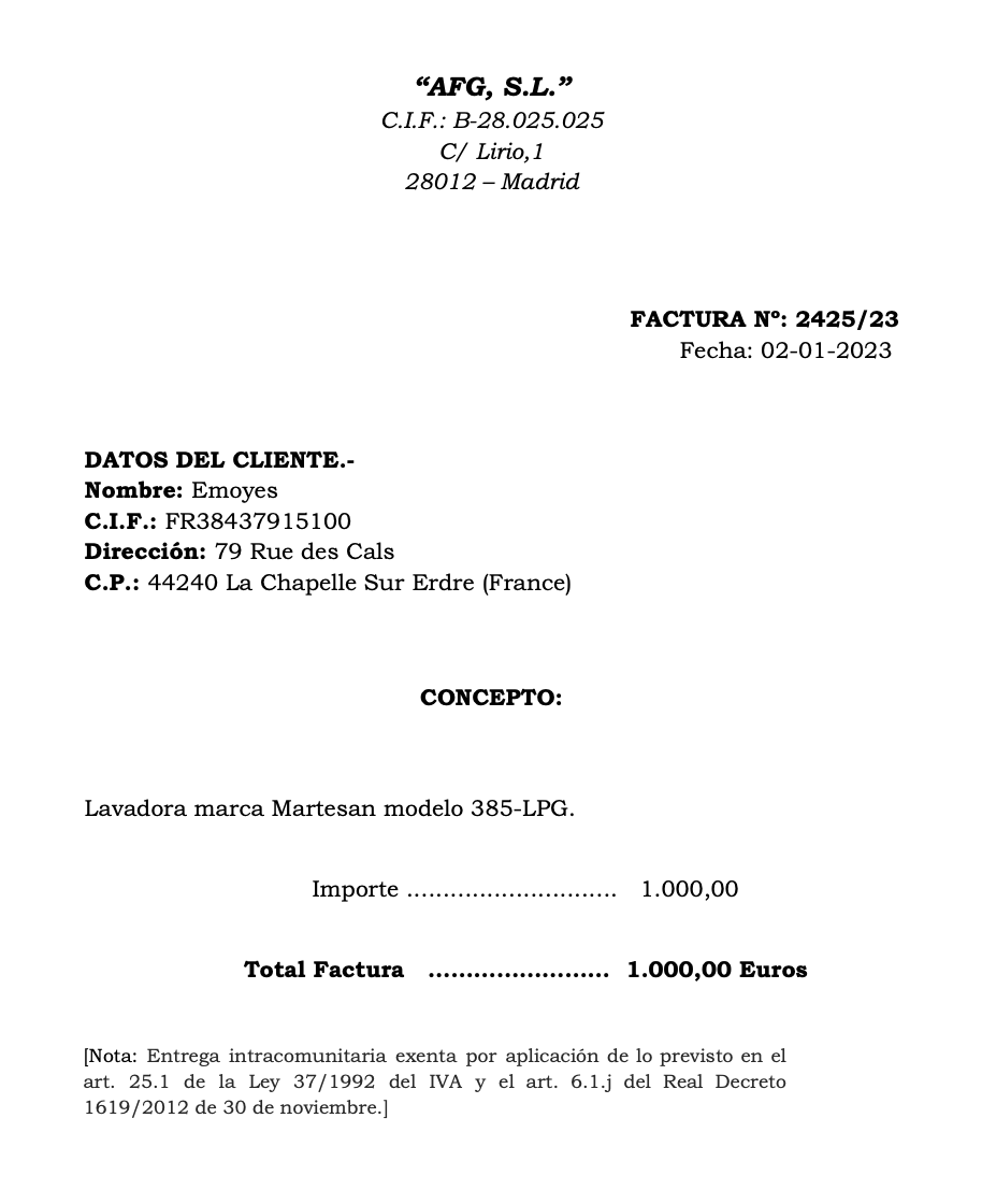 Ejemplo de factura intracomunitaria sin IVA.